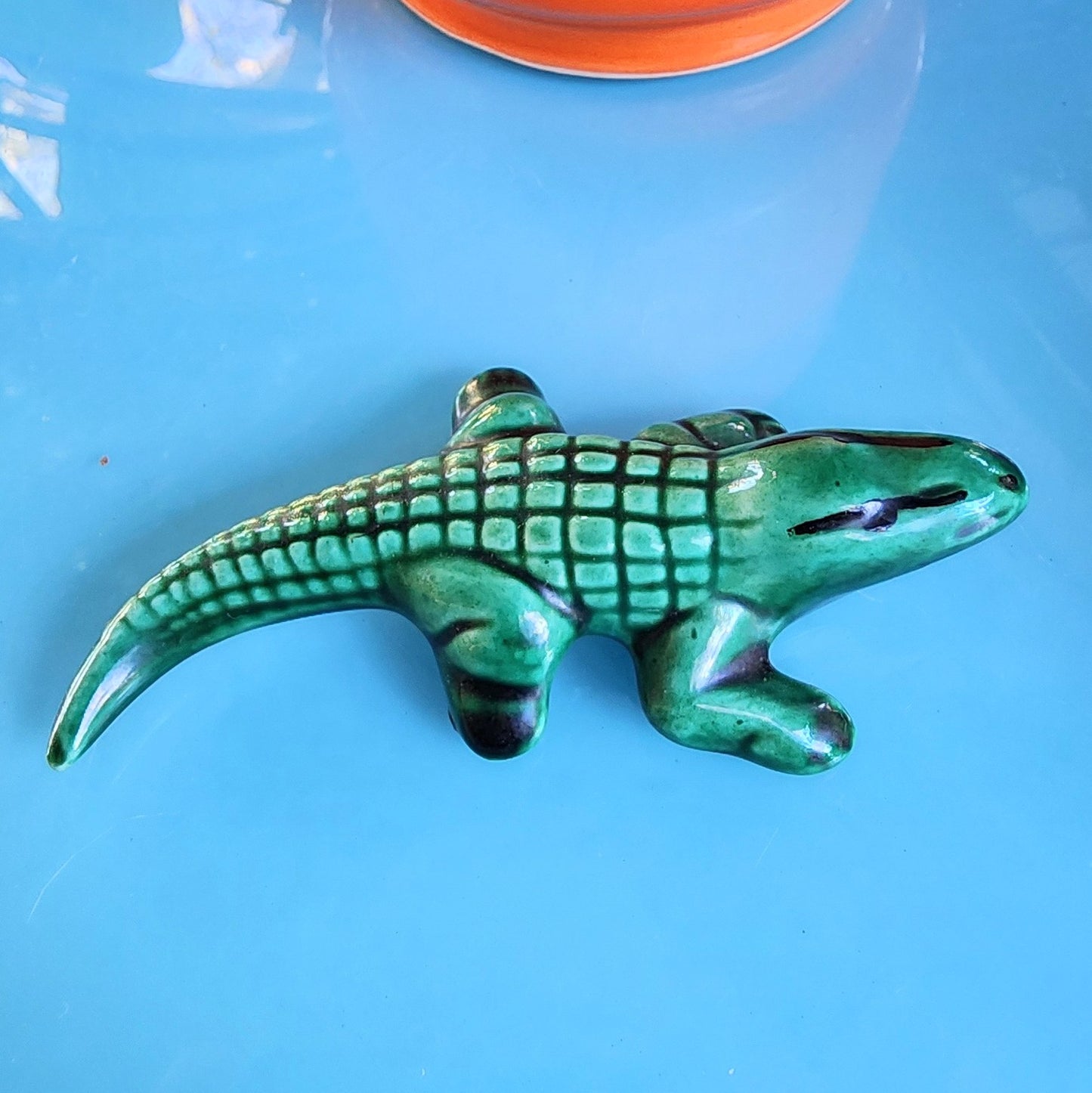Vintage Green Majolica Male Alligator Totem Fertility Figurine