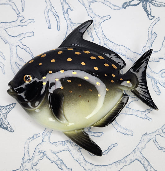 Vintage MCM Ceramic Fish Wall Decor black with gold detail